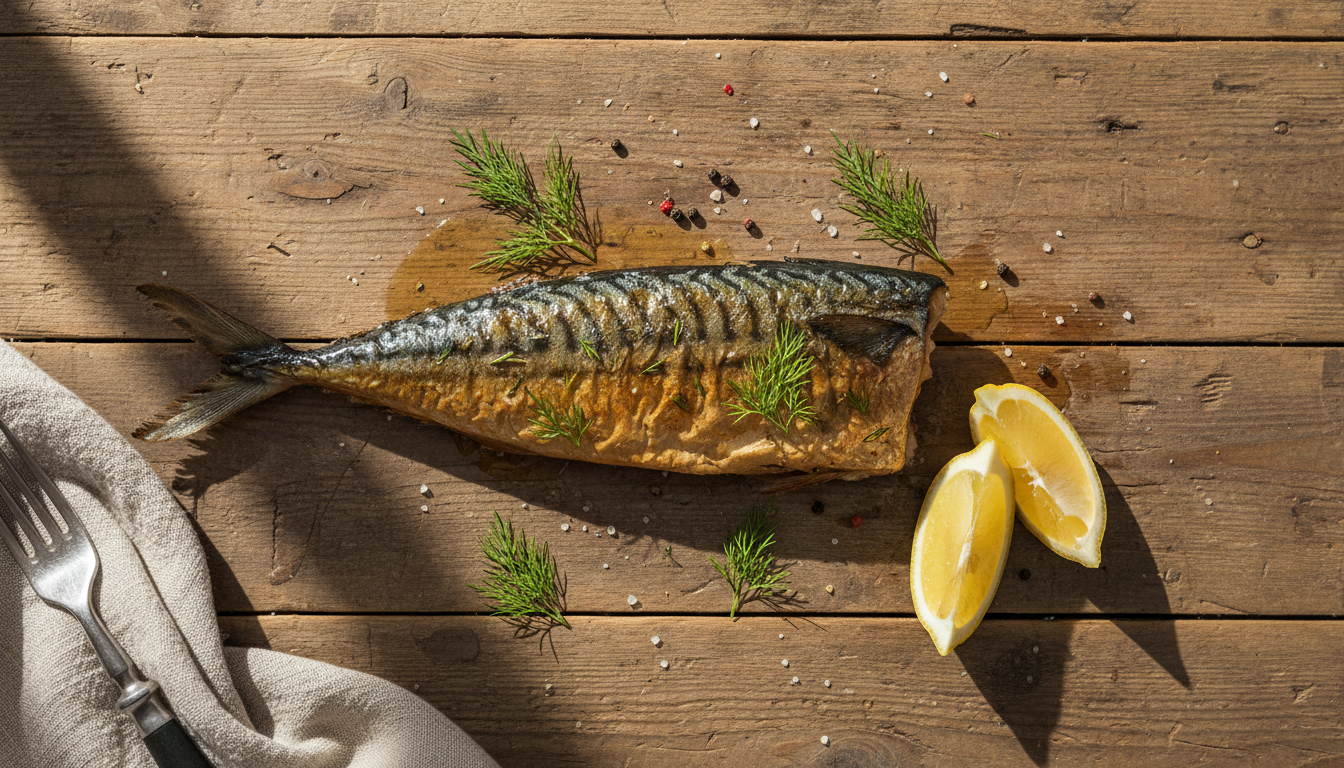 Жареная скумбрия в горчичном маринаде с укропом и лимоном на деревянном столе