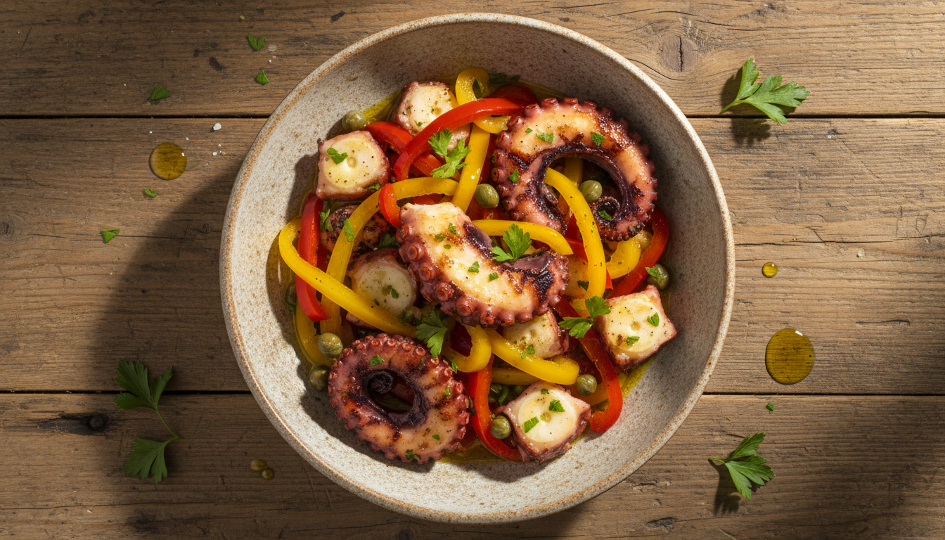 Горячий салат с осьминогом, перцем и каперсами на деревянном столе