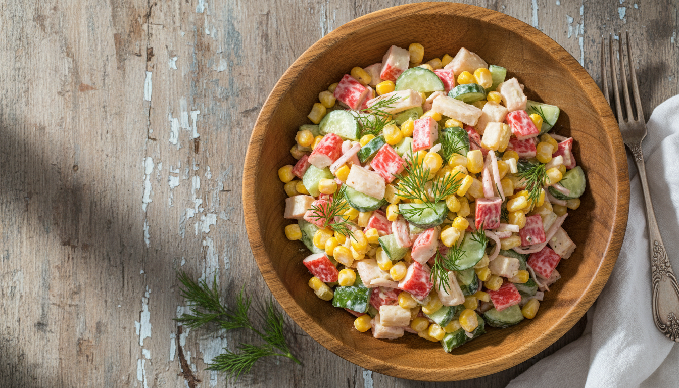 Крабовый салат с кукурузой в деревянной миске