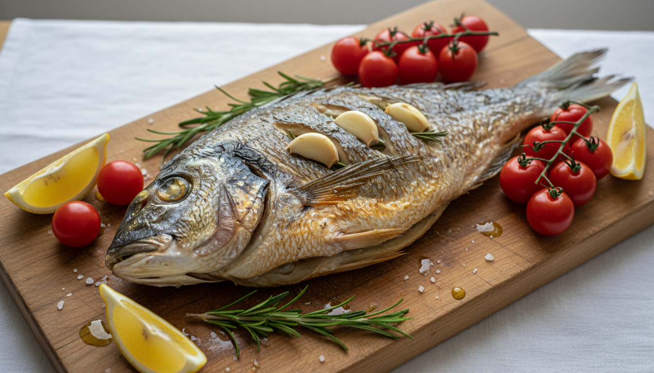 Запеченная дорада с розмарином и чесноком на деревянной доске