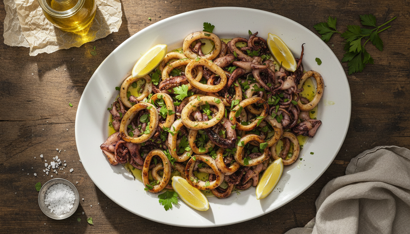 Кальмары на гриле с лимоном и орегано