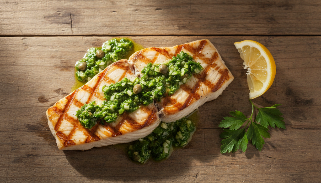 Grilled swordfish with salsa verde on a rustic wooden table