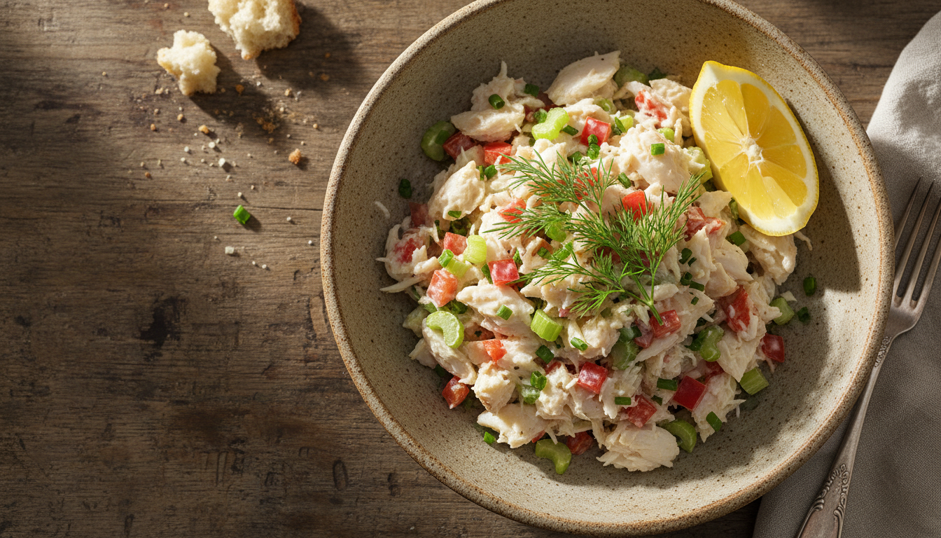 Крупный план салата с крабовым мясом, огурцом и яйцом на деревянном столе