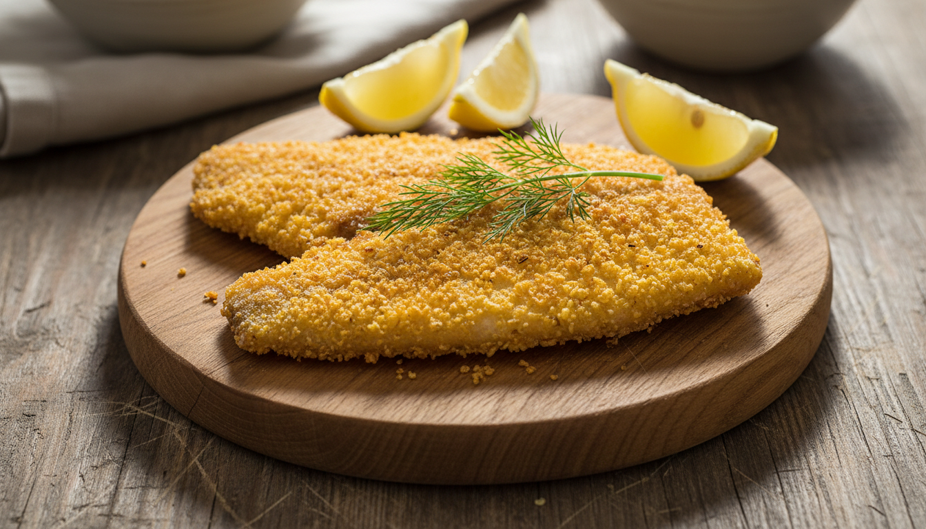 Жареный хек в хрустящей кукурузной панировке с лимоном и зеленью на деревянном столе