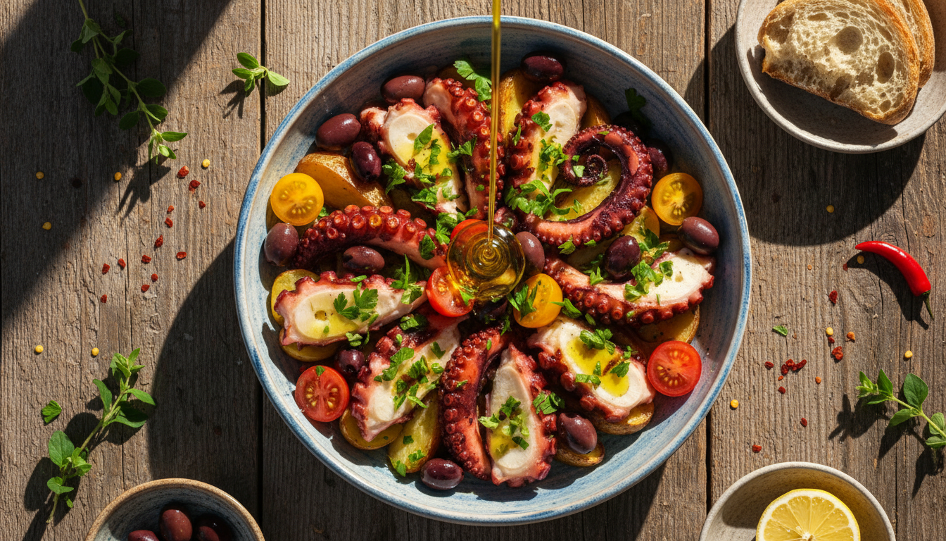 Яркий салат с осьминогом, картофелем и оливками на деревянном столе