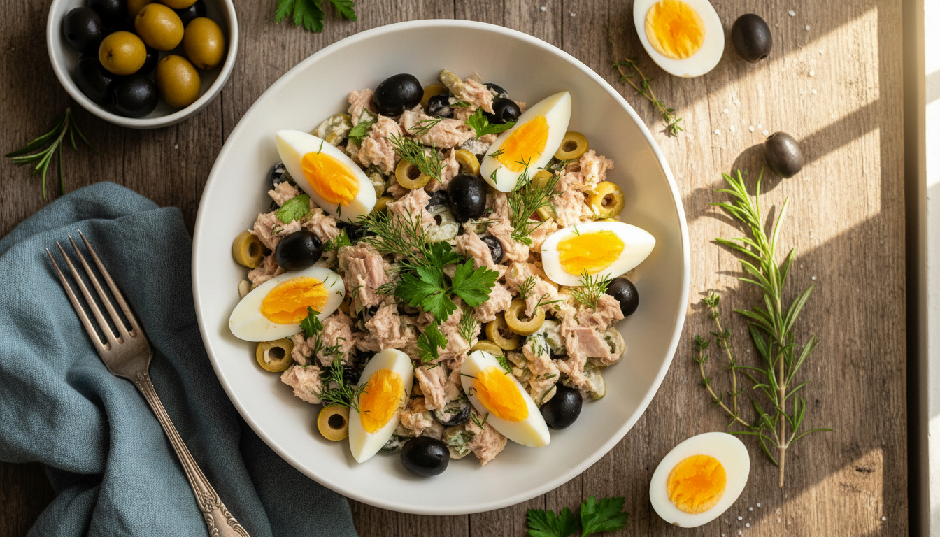 Салат с тунцом, оливками и яйцом на деревянном столе
