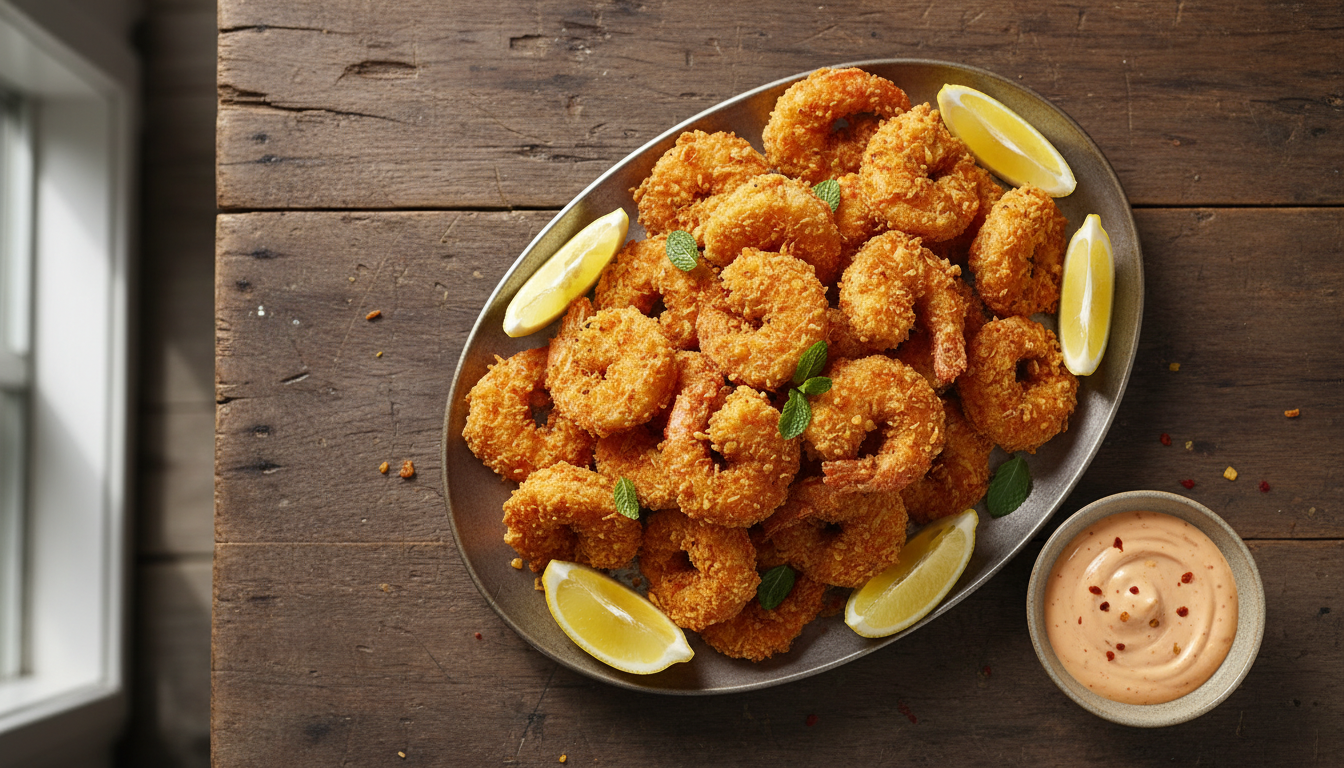 Crispy fried shrimp in batter with lemon and sauce on a wooden table.