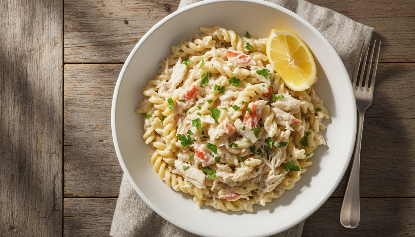 Изысканная паста с крабовым мясом и сливочным соусом на деревянном столе