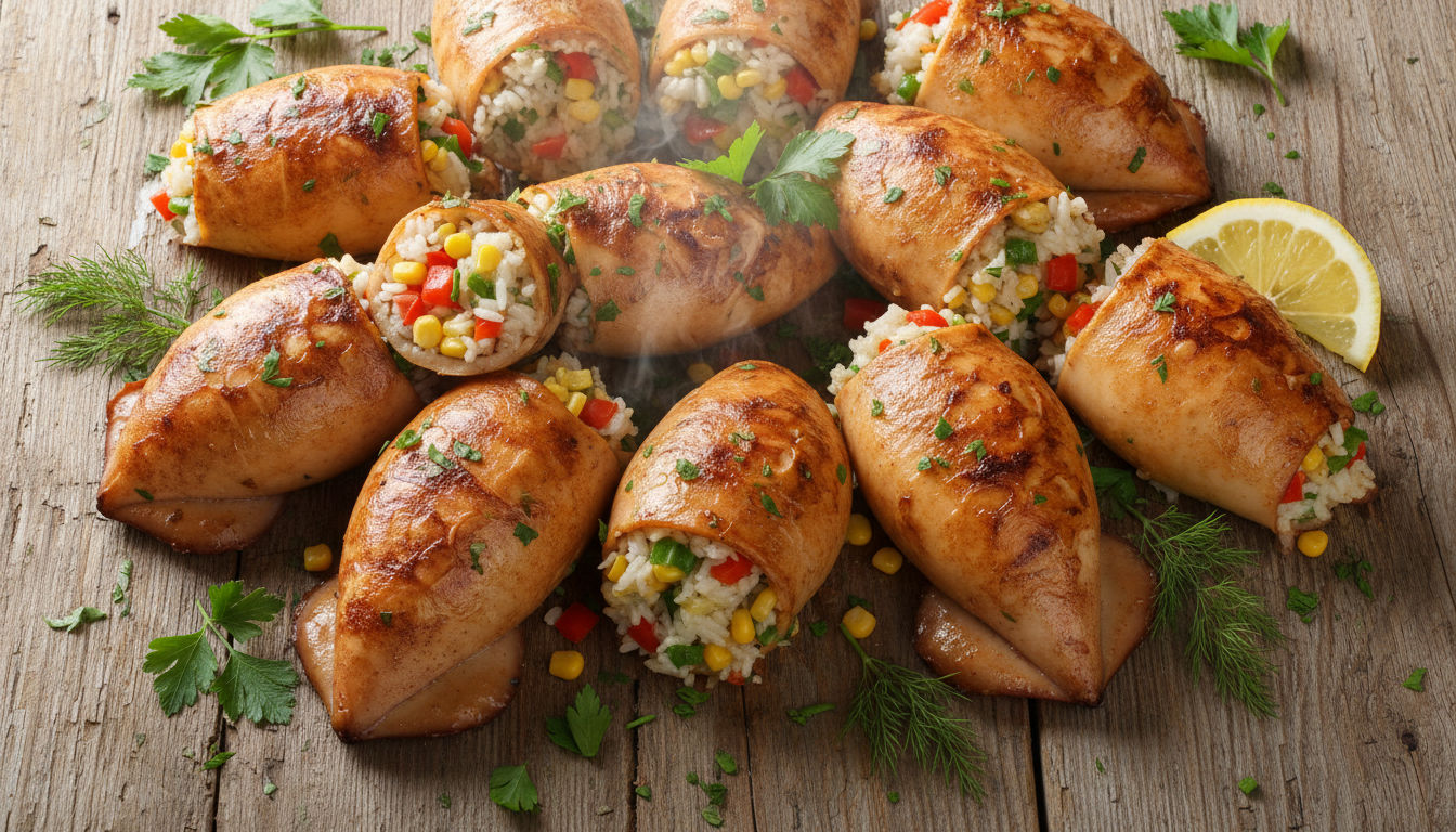 Фаршированные кальмары с рисом и овощами на деревянном столе