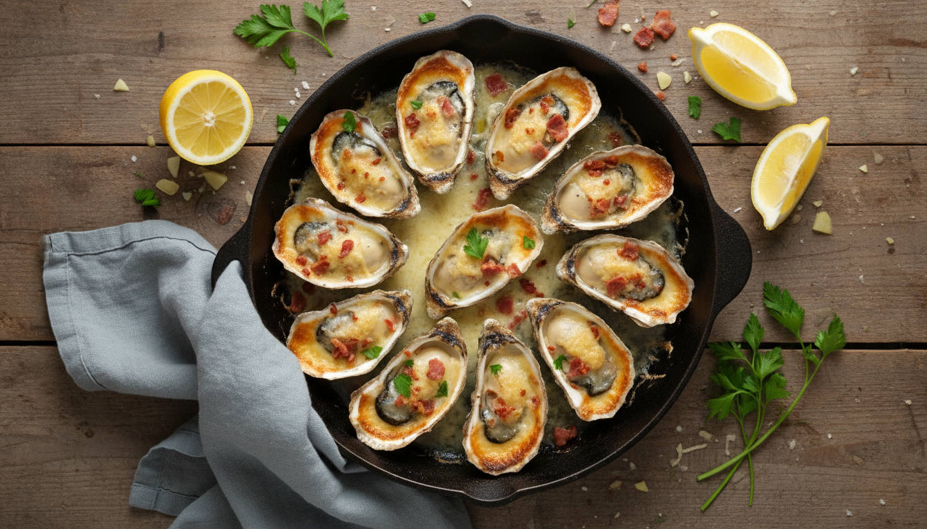 Запеченные устрицы с беконом и сыром на деревянном столе