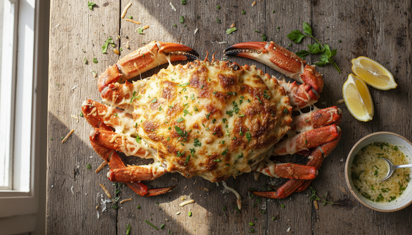 Целый запеченный краб с сырной корочкой и травами на деревянном столе