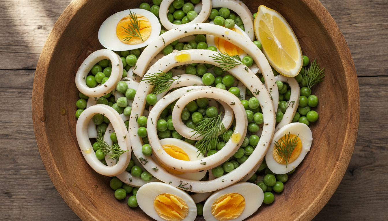 Нежный салат из кальмаров, яиц и горошка на деревянном столе