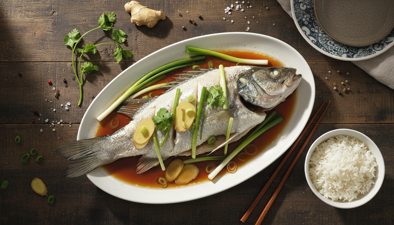 Steamed sea bass with ginger and soy sauce on a wooden table
