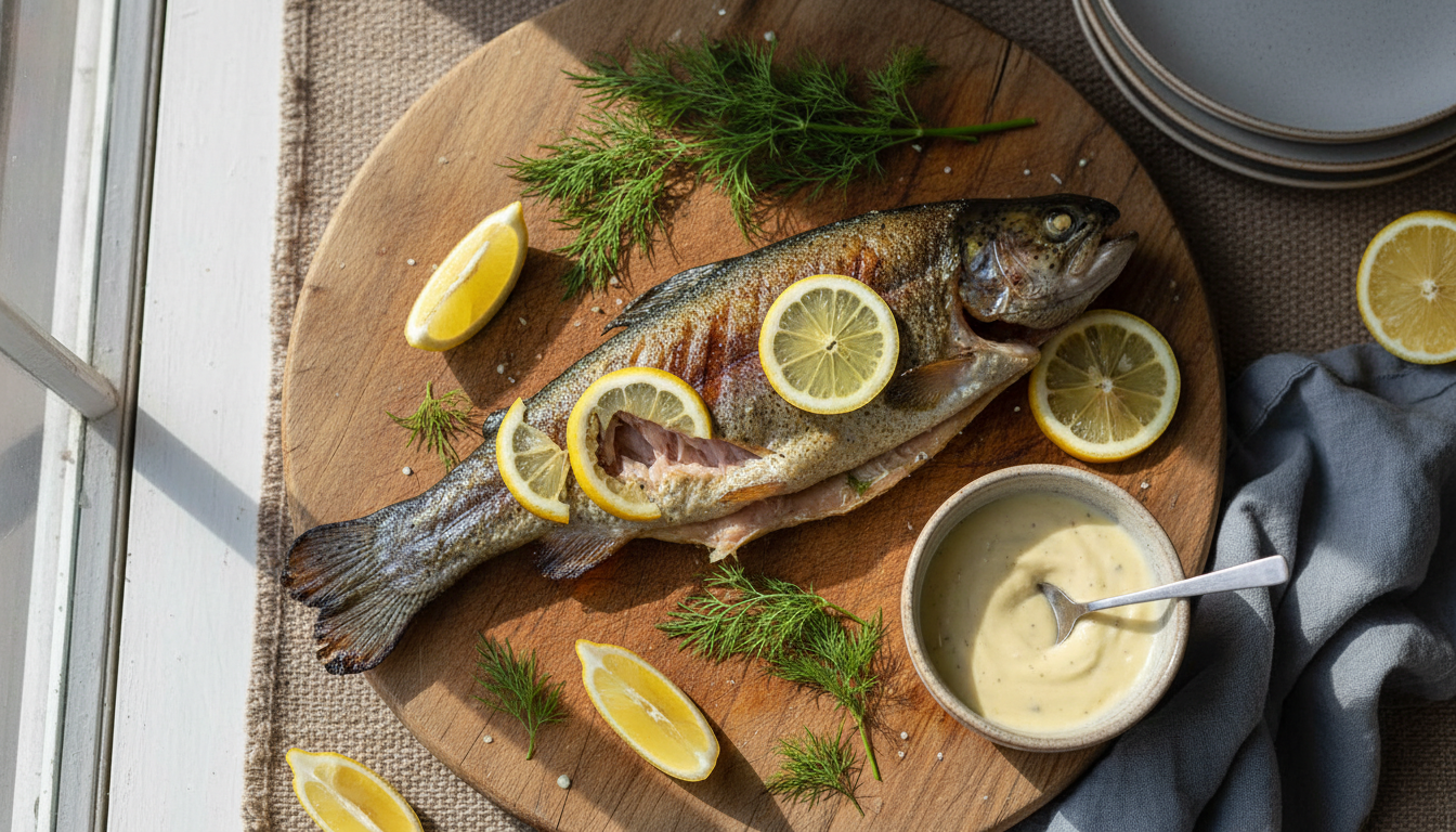 Grilled trout with lemon sauce on a wooden board