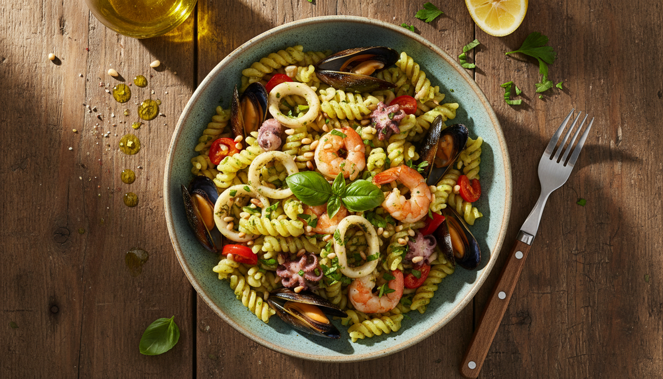 Overhead view of pasta with seafood cocktail and pesto on a wooden table