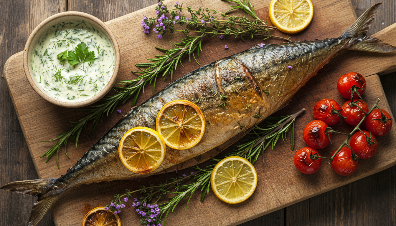 Запеченная скумбрия с травами и чесноком на деревянной доске